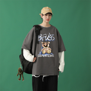 8519-P45卫衣男士宽松潮ins长袖假两件港风春秋款潮牌秋装圆领图片