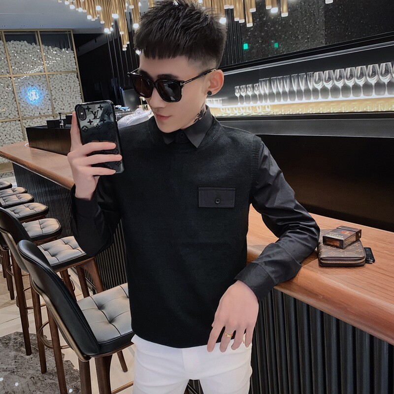 8581-P65毛衣男社会精神小伙修身百搭打底针织衫潮流假两件毛线衣图片