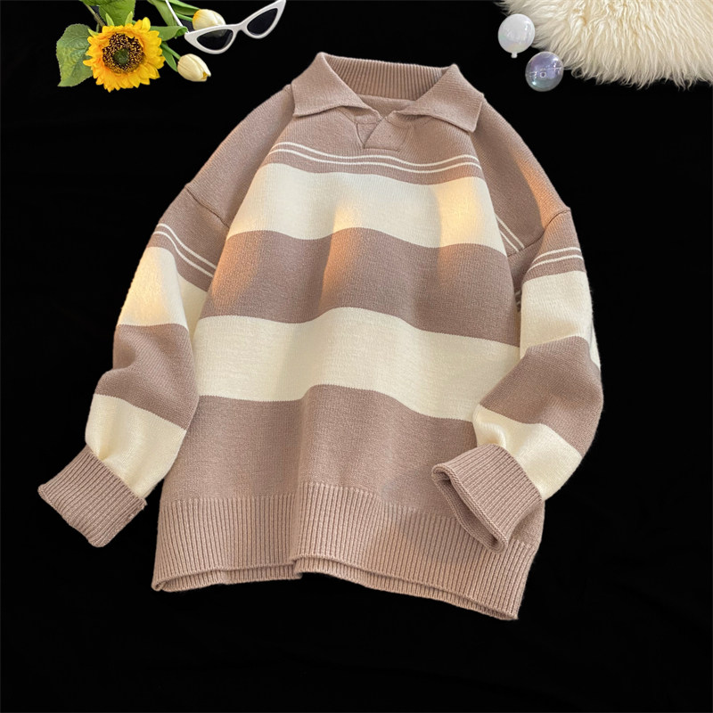 2602-P58学院经典条纹针织衫女2023秋季新款清爽POLO领毛衣，男装针织衫/毛衣，电商D310（原电商305）