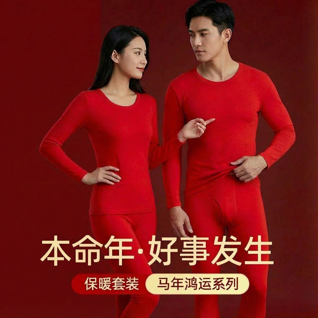 秋冬保暖内衣男女鸿运套装大红色本命年薄款云暖绒圆领秋衣秋裤