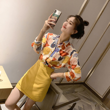 街头风复古港味外套潮 上衣流行长袖 小谷粒衬衫 女夏撞色印花中长款