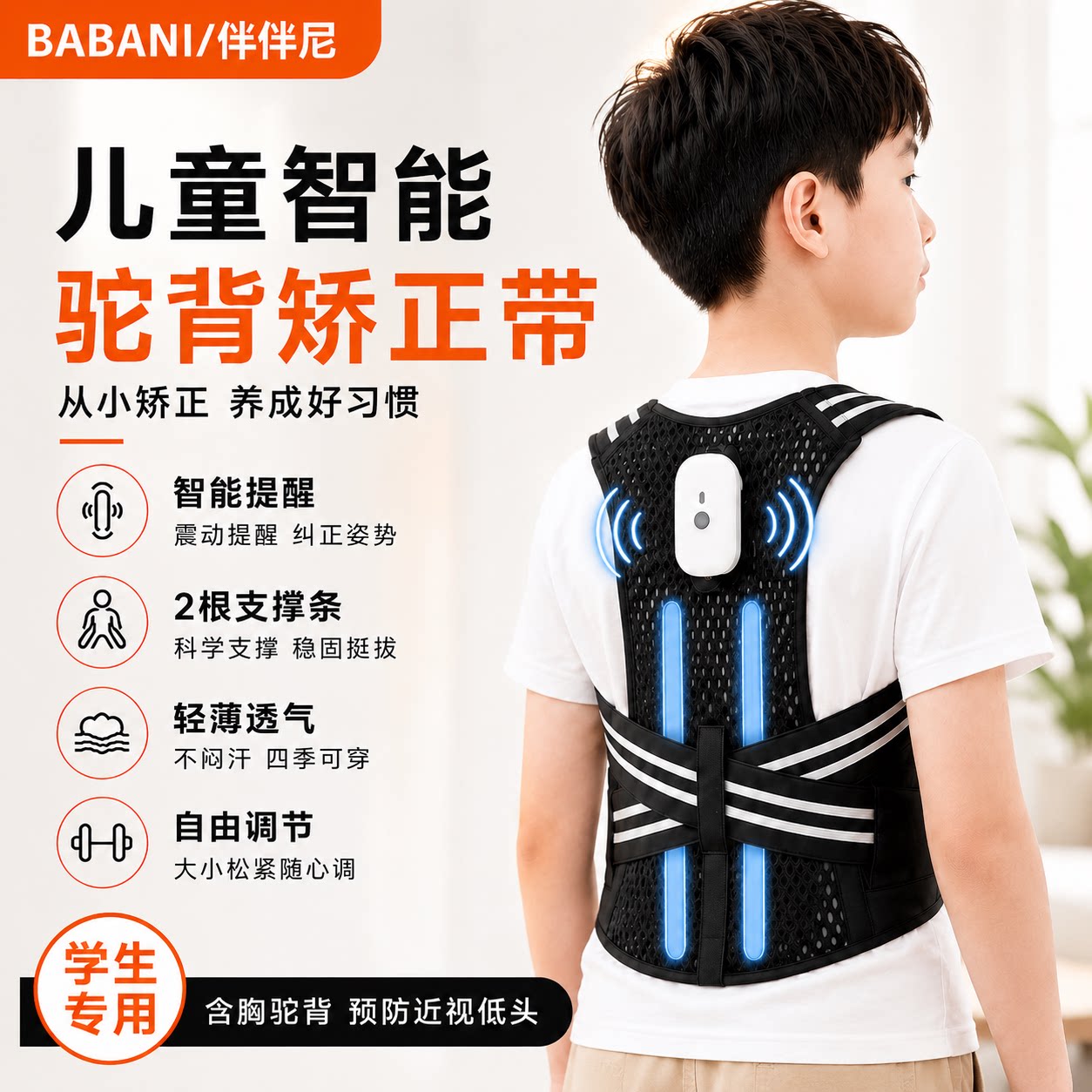 儿童智能驼背矫正带震动提醒两根支撑轻薄透气学生专用舒适可调款