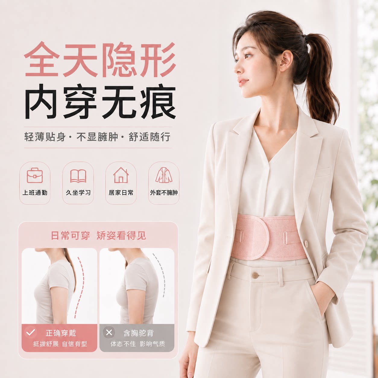 伴伴尼轻薄透气矫正带开肩挺背护腰支撑男女通用隐形舒适久穿不勒