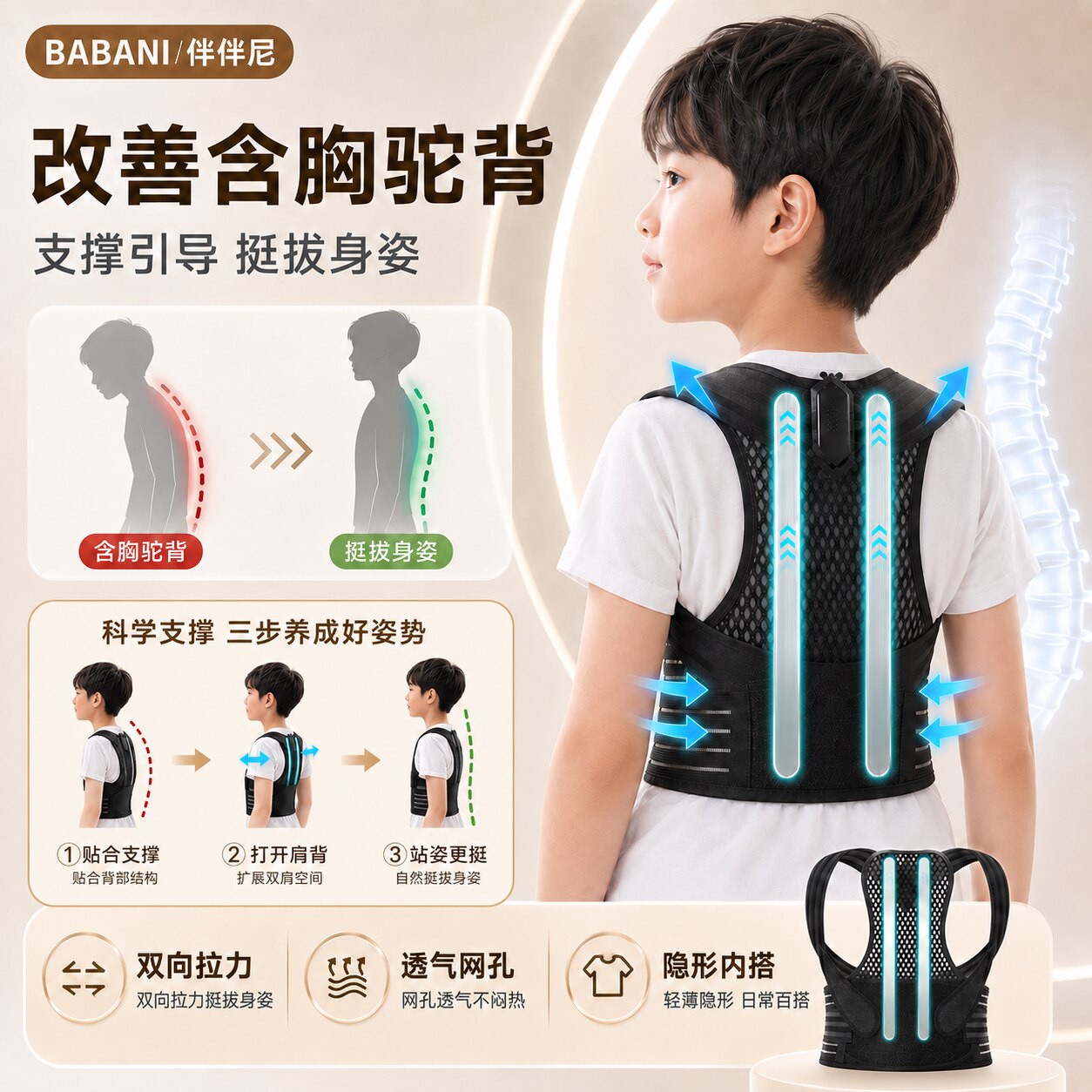 儿童青少年开肩矫正带轻薄透气可调节久坐学习日常穿戴舒适款