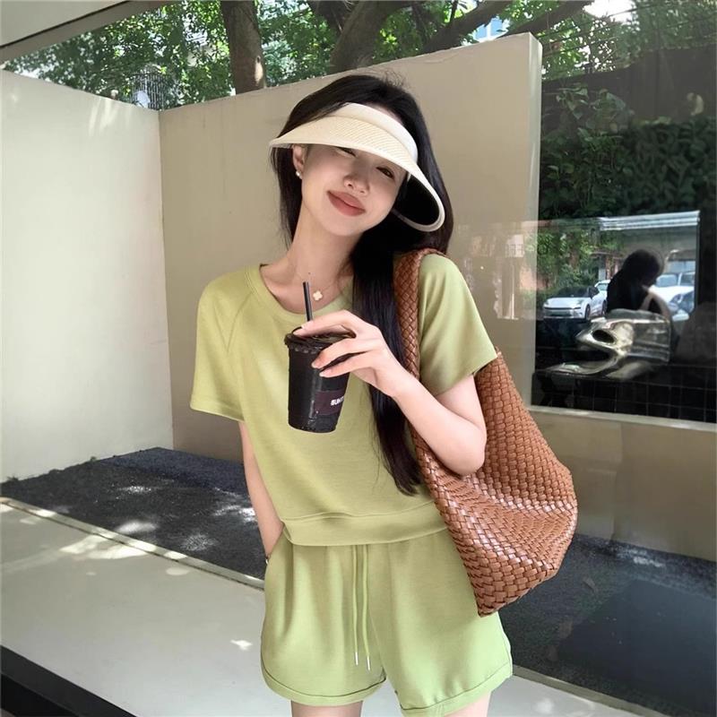 夏季新款休闲舒适套装宽松百搭短袖T恤阔腿A字短裤运动两件套女装