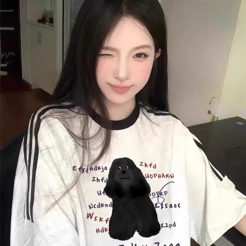 纯棉短袖t恤女2025新款大码夏季设计感小众条纹美式宽松半袖上衣