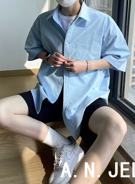 黑蓝纯色薄款宽松短袖衬衫韩国23