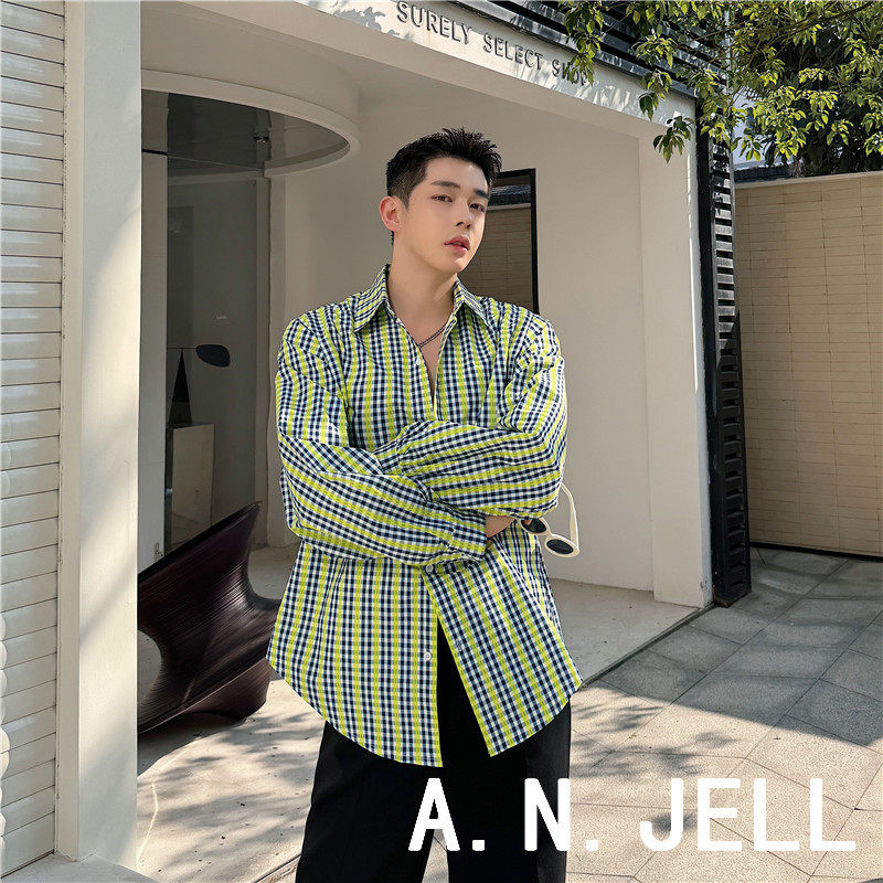 24春夏ANJELL时尚韩国版男装学生东大门起义彩色格子宽松长袖衬衫