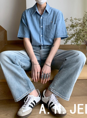 卡通人物刺绣短袖牛仔衬衫东大门