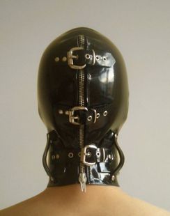 现货乳胶头套面具含可移动眼罩绑绳束缚口罩款 拉链皮带扣可加口塞