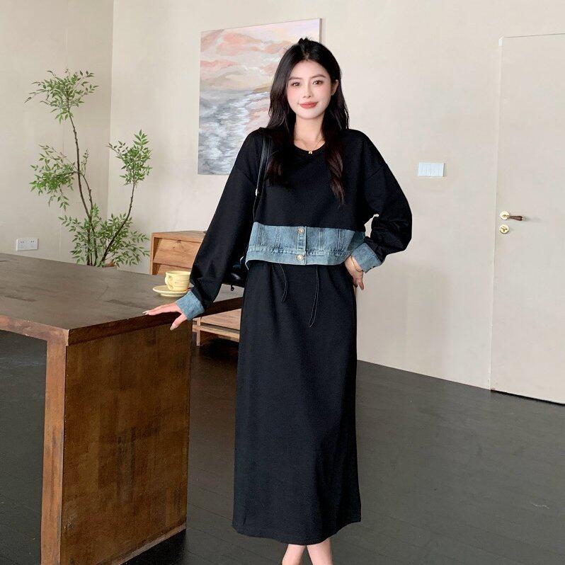 大码秋季两套牛仔拼接假两卫衣+半身长裙套装女