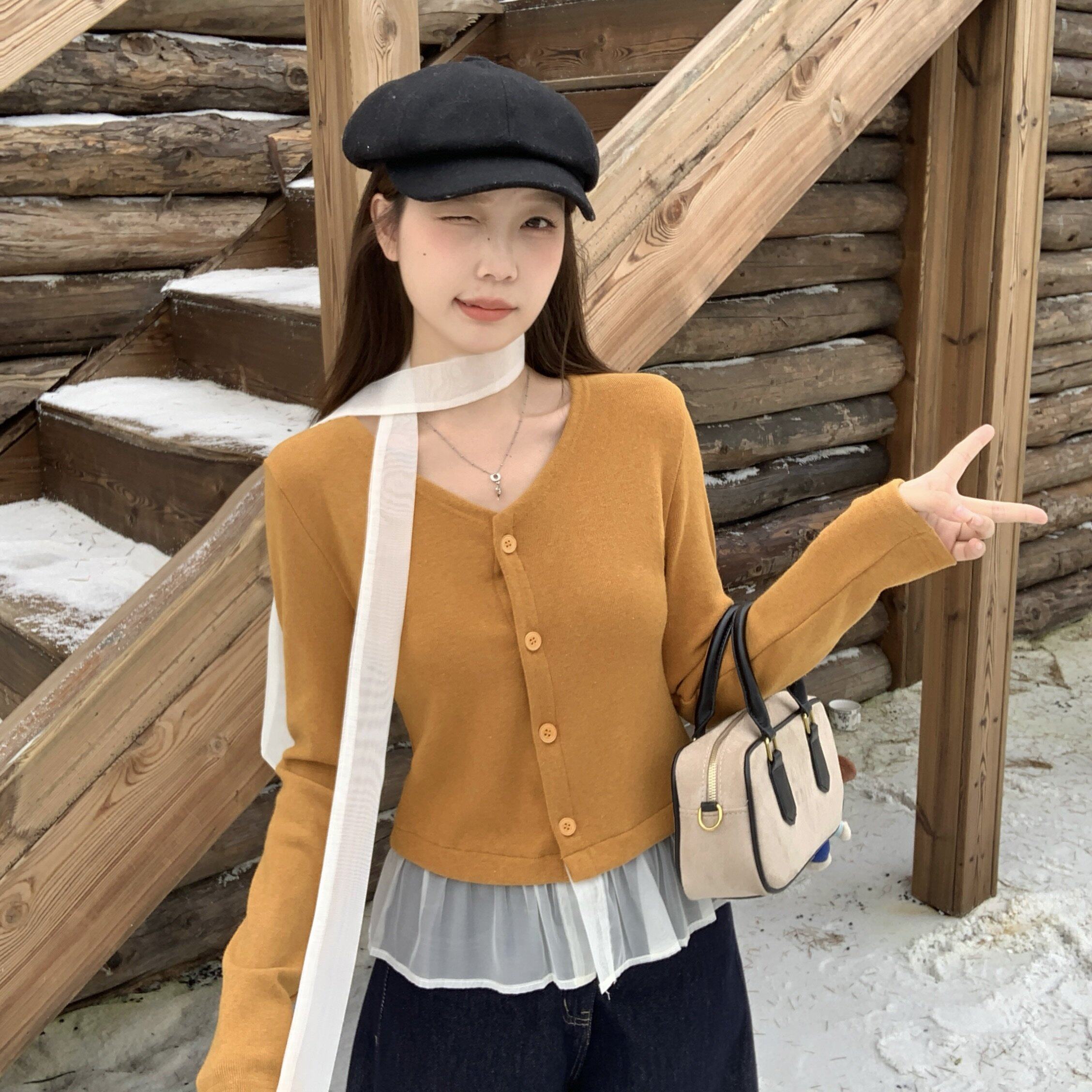 大码韩版拼接裙摆针织衫女开衫温柔风气质秋季修身上衣