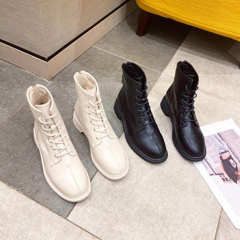 单靴女冬2025新款春秋百搭平底马丁靴软底女鞋米白色短靴子瘦瘦靴