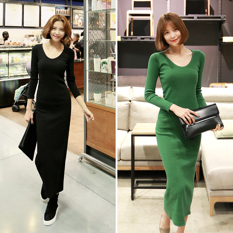 2025春秋冬新品女装长袖V领螺纹针织纯棉修身连衣裙韩版显瘦长裙