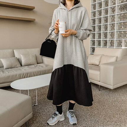 大码女装秋冬季遮肚显瘦中长款加绒加厚卫衣拼接连衣裙