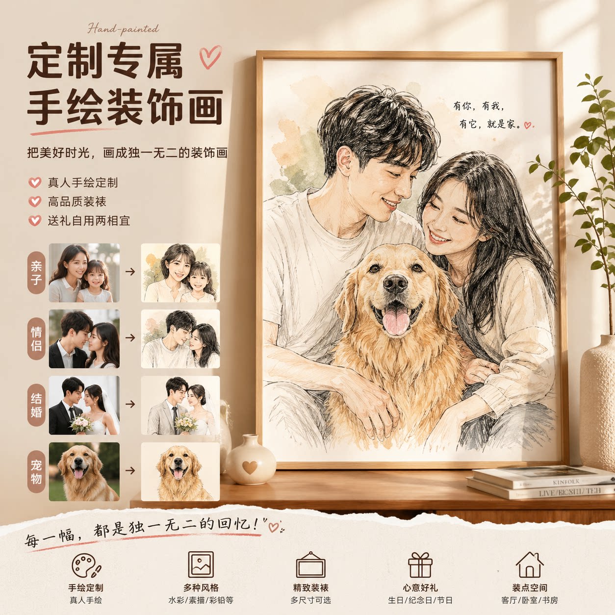 定制手绘人物宠物纪念装饰画