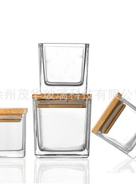 方形玻璃烛台罐竹木盖方缸香薰