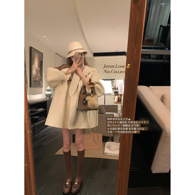 NSS COLLECTION 奶酒百利甜 羊驼毛双面呢大衣海军领连帽毛呢外套