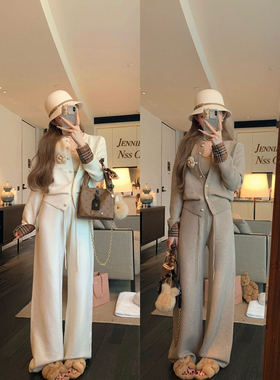 NSS COLLECTION 老钱东京 刺绣针织裤垂感裤子女格纹拼接针织开衫