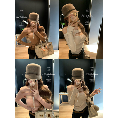 NSSCOLLECTION一字肩镂空针织衫