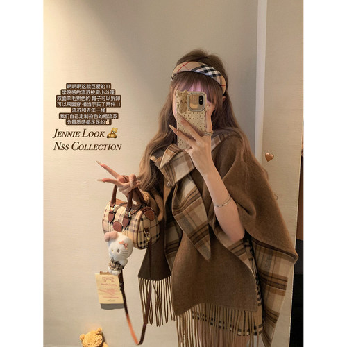 NSS COLLECTION 财阀小女儿 双面羊绒流苏格纹外套冬披肩斗篷大衣
