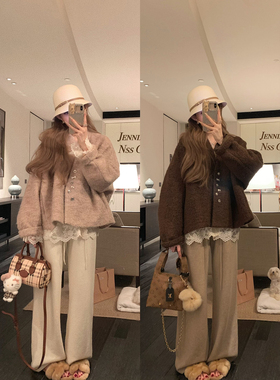 NSS COLLECTION 伦敦手信 钻扣圈圈毛夹棉保暖v领宽松棕色厚外套