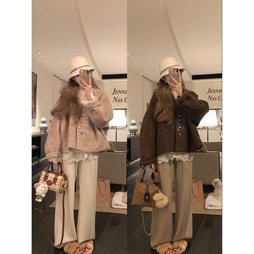 NSS COLLECTION 伦敦手信 钻扣圈圈毛夹棉保暖v领宽松棕色厚外套