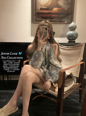 NSS COLLECTION Di0r开版 动物印花刺绣衬衫设计感露肩a字连衣裙