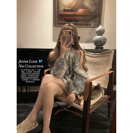 NSS COLLECTION Di0r开版 动物印花刺绣衬衫设计感露肩a字连衣裙