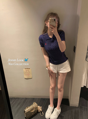 NSS COLLECTION 在读女高 露思紫马标polo衫麻花白色短袖针织上衣