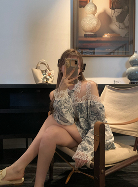 NSS COLLECTION 白巧恋人 蕾丝衬衫裙女设计感小众露肩碎花连衣裙