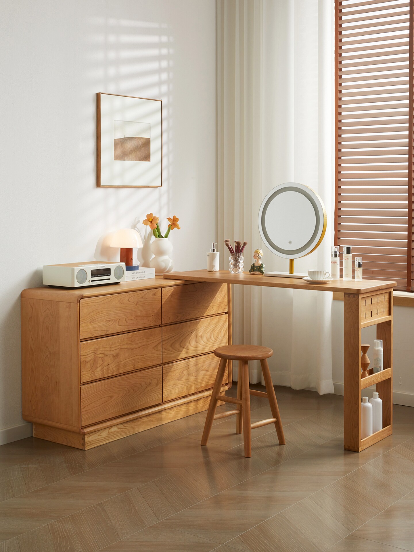 北美樱桃木实木梳妆台卧室现代简约小户型化妆桌收纳柜一体化妆台