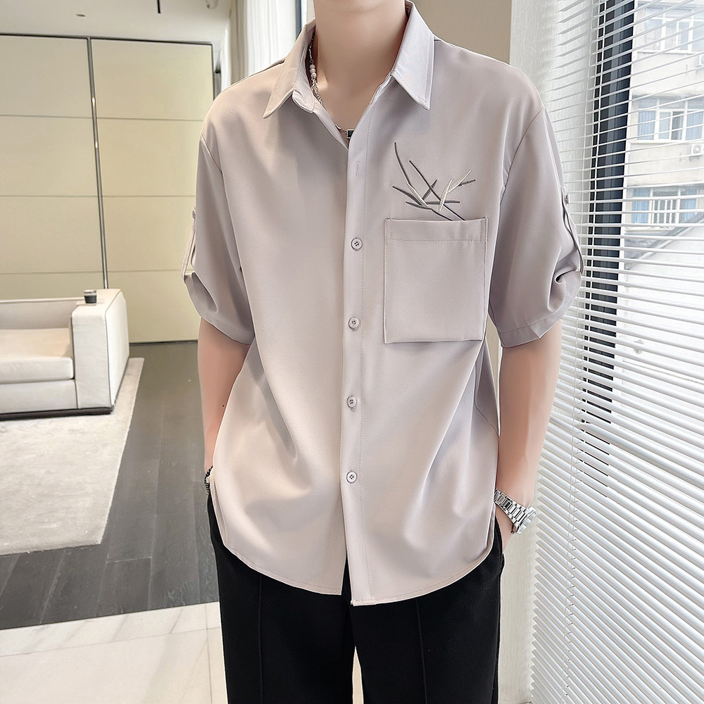 抖音男尚冰丝轻奢新中式痞帅衬衫刺绣风短袖垂感CS351P50,男装衬衫,电商A312