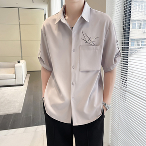 抖音  男尚冰丝轻奢新中式痞帅衬衫刺绣风短袖垂感CS351P50图片