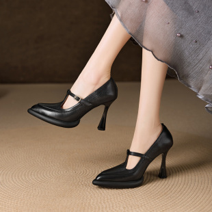 9.5cm头层羊皮浅口单鞋女优雅风尖头细跟高跟鞋玛丽珍皮鞋高级感