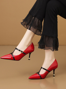 里外全真皮女鞋显瘦尖头浅口单鞋气质时尚细跟7CM高跟鞋红色百搭