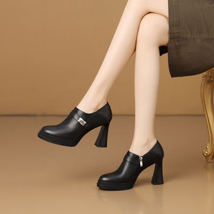 女鞋 粗跟显瘦时尚 子 女防水台气质高跟鞋 9cm牛皮通勤圆头深口单鞋