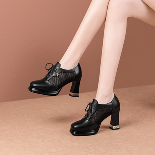 真皮防水台网纱女鞋子透气镂空粗跟8CM高跟鞋系带方头百搭凉鞋女