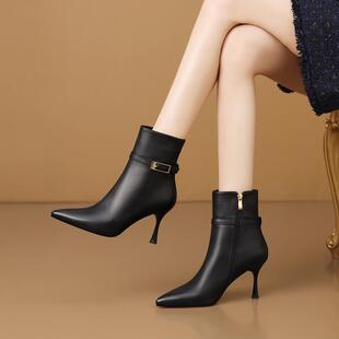 真皮时装靴秋冬款性感尖头瘦瘦靴细跟8CM高跟短靴百搭侧拉链女靴