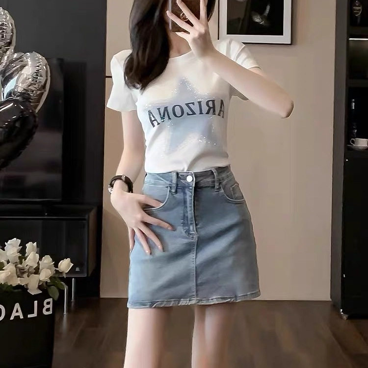 小个子穿搭一整套活泼减龄印花T恤高腰牛仔半身裙短裙两件套女夏