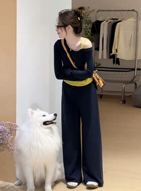 早秋假两件斜肩t恤女休闲两件套