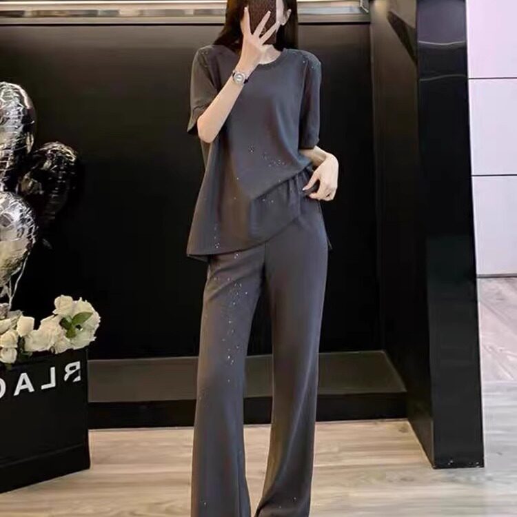 欧货休闲运动套装女夏季新款宽松洋气显瘦闪闪上衣直筒裤两件套潮