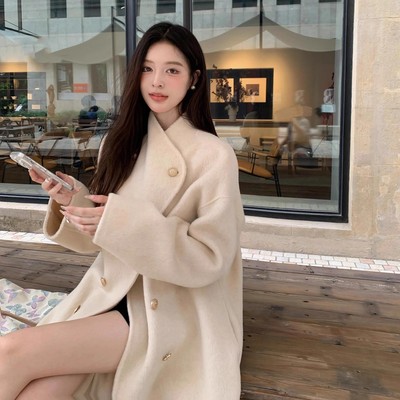 燕麦色高级感双面羊绒大衣女中长