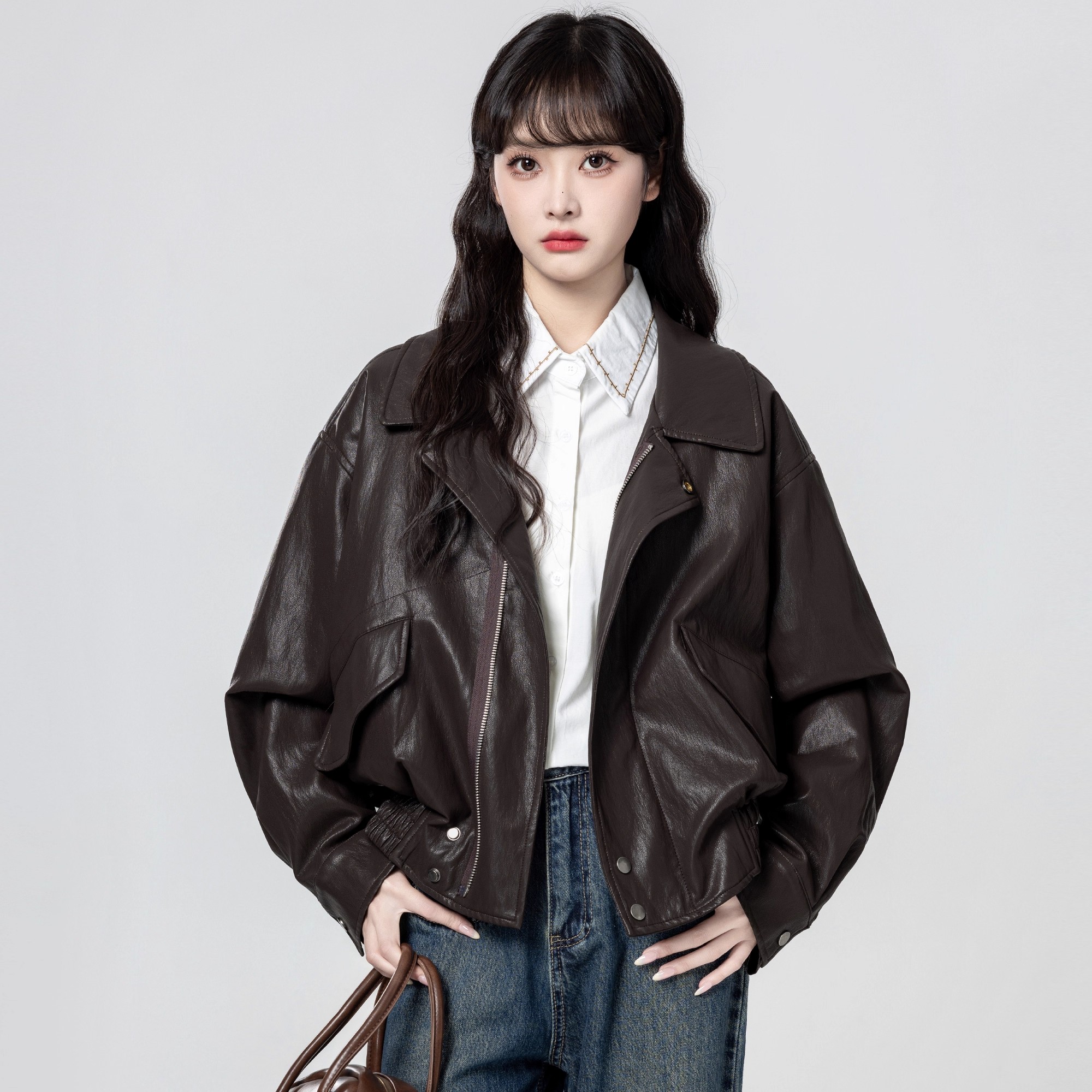 复古棕色PU皮衣外套女翻领机车