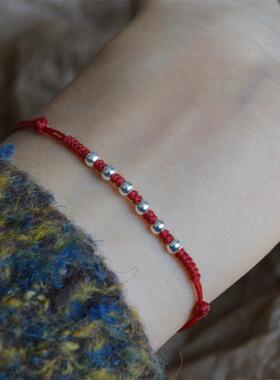 「今安」六六大顺 本命年红绳纯银925银珠小手绳手链脚链马年