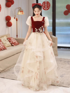 敬酒服新娘2025新款 轻奢小众订婚高级回门晚礼服裙女 酒红色新中式