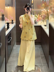 上衣高腰阔腿裤 睡衣女夏季 复古气质减龄印花无袖 新中式 两件套 新款