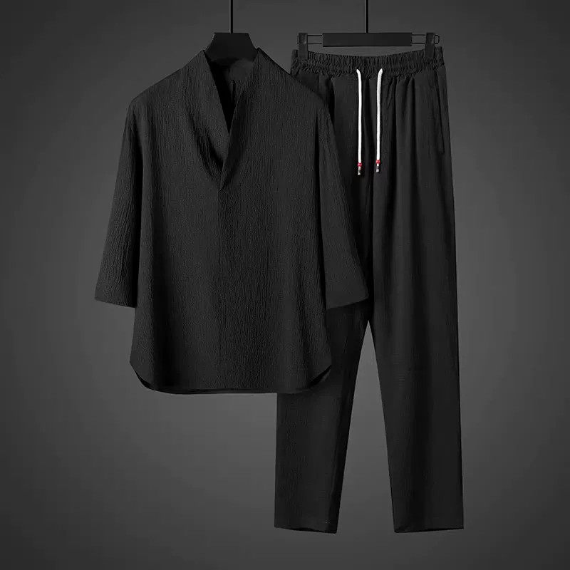 仓树一石中国风夏季冰丝短袖男士套装复古风上衣V领中式七分汉服