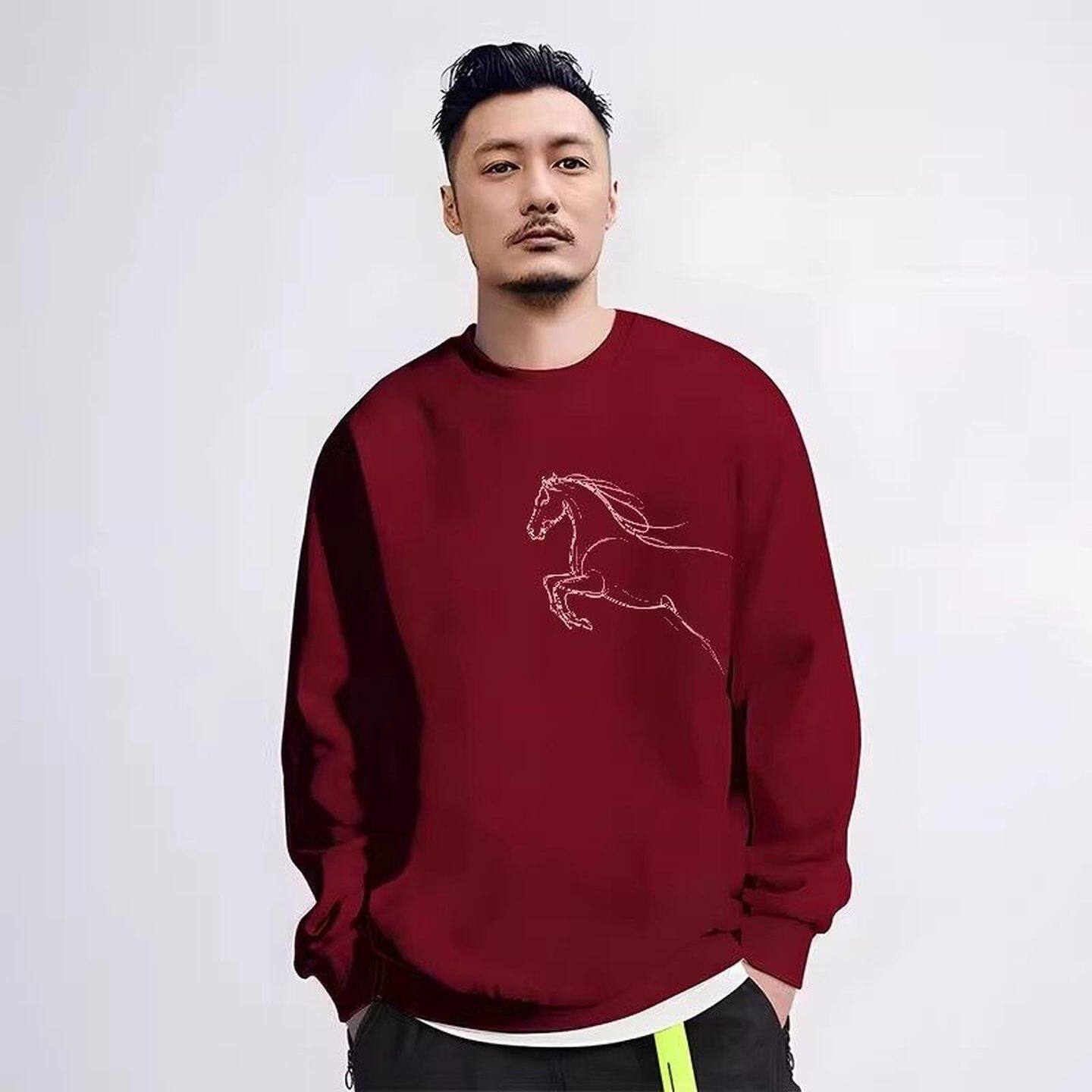 仓树一石潮牌马年本命年卫衣男2026新年重磅加绒酒红色衣服情侣装