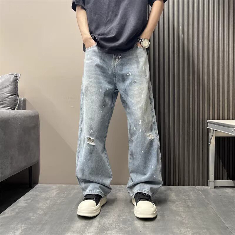 仓树一石夏季新款破洞牛仔裤男士泼墨涂鸦复古韩版宽松阔腿直筒裤